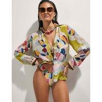 River Island Floral Collared Beaded Cuff Beach Shirt Yellow Mix