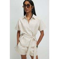 River Island Pure Cotton Collared Belted Blouse Beige