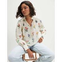 River Island Pure Cotton Floral Frill Neck Blouse Cream Mix
