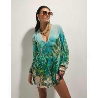 River Island Sheer Sequin Floral Embellished V-Neck Tunic Aqua Mix