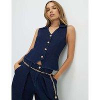 River Island Denim Collared Button Through Waistcoat Dark Blue Denim