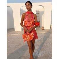 Never Fully Dressed Animal Print Lace Trim Tie Neck Top Orange Mix