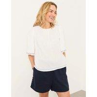 FatFace Pure Cotton Jacquard Flutter Sleeve Blouse White Mix