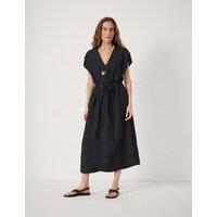 HUSH Linen Blend V-Neck Midi Waisted Dress Black