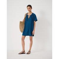 HUSH Pure Cotton Textured Tie Neck Mini Beach Dress Mid Blue
