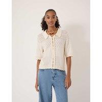 HUSH Cotton Blend Pointelle Collared Cardigan Stone