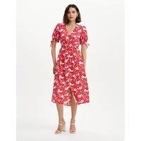 Finery London Floral Shirred Button Through Midi Dress Red Mix