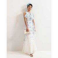 Phase Eight Floral Ruffle Belted Maxi Waisted Dress Ivory Mix