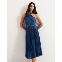 Phase Eight Halter Neck Pleated Midi Skater Dress Indigo