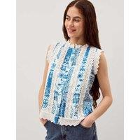 Monsoon Pure Cotton Printed Button Through Tank Top Cobalt