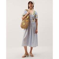 Monsoon Pure Cotton Embroidered V-Neck Midi Dress Blue