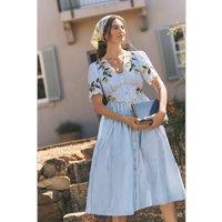 Monsoon Pure Cotton Embroidered V-Neck Midi Dress Blue