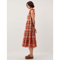 Monsoon Cotton Rich Checked Notch Neck Midi Dress Orange Mix