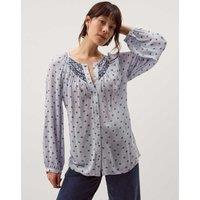Monsoon Printed Stitch Detail Blouson Sleeve Blouse Blue Mix