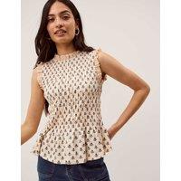 Monsoon Jersey Floral High Neck Blouse Ivory Mix