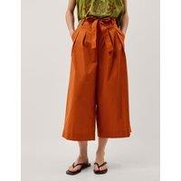Monsoon Pure Cotton Wide Leg Cropped Trousers Brown