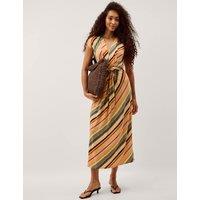 Monsoon Jersey Striped V-Neck Midi Waisted Dress Light Pink Mix
