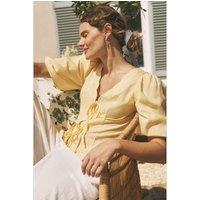 Monsoon Tie Front Puff Sleeve Top with Linen Yellow