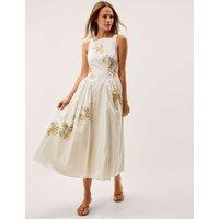Monsoon Cotton Rich Floral Square Neck Midi Dress Ivory Mix