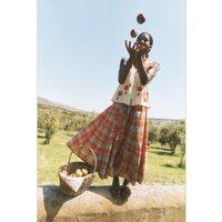 Monsoon Cotton Rich Checked Midi A-Line Skirt Orange Mix