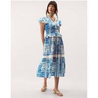 Monsoon Pure Cotton Geometric V-Neck Midi Dress Cobalt