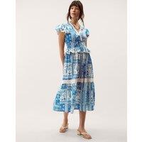 Monsoon Pure Cotton Geometric V-Neck Midi Dress Cobalt
