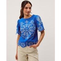Monsoon Pure Cotton Embroidered Puff Sleeve Top Cobalt