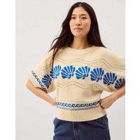 Monsoon Pure Cotton Seashell Crew Neck Knitted Top Ivory Mix