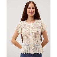 Monsoon Textured Flower Scalloped Crew Neck Cardigan Ivory