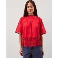 Monsoon Pure Cotton Broderie High Neck Top Red