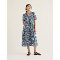 Seasalt Cornwall Pure Cotton Floral V-Neck Midi Shirt Dress Teal Mix