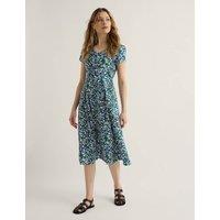 Seasalt Cornwall Cotton Rich Jersey Floral V-Neck Skater Dress Teal Mix