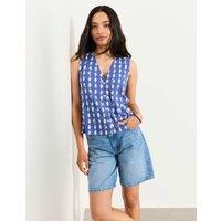 FatFace Cotton Modal Blend Printed V-Neck Blouse Blue Mix