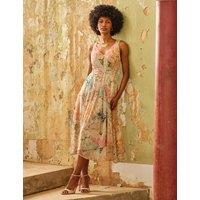 FatFace Printed V-Neck Midi Waisted Dress Ivory Mix