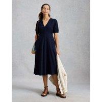 White Stuff Pure Cotton Jersey Embroidered Midi Dress Blue