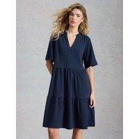 White Stuff Pure Cotton V-Neck Knee Length Tiered Dress Navy