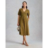 White Stuff Pure Cotton Jersey Embroidered Midi Dress Olive