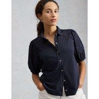 White Stuff Pure Cotton Broderie Button Through Shirt Navy