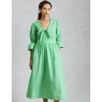 White Stuff Pure Cotton Striped Midaxi Shirred Dress Green Mix
