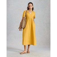 White Stuff Pure Cotton Textured V-Neck Midi Waisted Dress Yellow