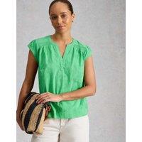 White Stuff Pure Cotton Embroidered Notch Neck Top Green