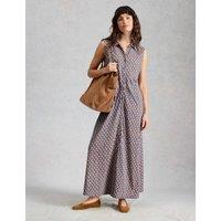 White Stuff Jersey Geometric Collared Maxi Shirt Dress Blue Mix