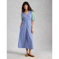 White Stuff Jersey Geometric Midaxi Waisted Dress Blue Mix