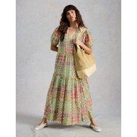 White Stuff Pure Cotton Colour Block Midaxi Wrap Dress Green Mix