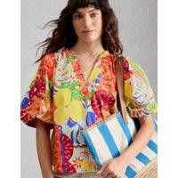 White Stuff Pure Cotton Printed V-Neck Top Yellow Mix