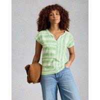 White Stuff Pure Cotton Striped Notch Neck T-Shirt Green Mix