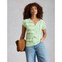 White Stuff Pure Cotton Striped Notch Neck T-Shirt Green Mix