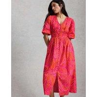 White Stuff Pure Cotton Printed Midaxi Waisted Dress Pink Mix
