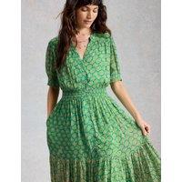 White Stuff Floral Notch Neck Midaxi Tiered Dress Green Mix