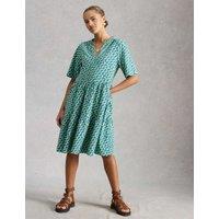 White Stuff Pure Cotton Printed Notch Neck Tiered Dress Green Mix